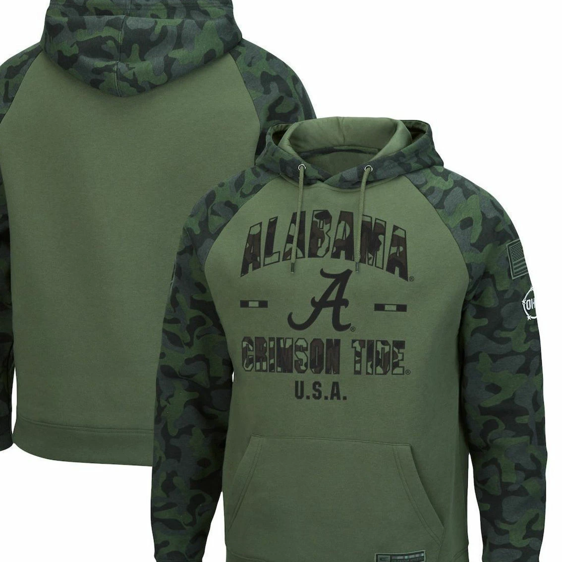 Colosseum Men's Olive/Camo Alabama Crimson Tide OHT Military Appreciation Raglan Pullover Hoodie 4 Colosseum Men's Olive/Camo Alabama Crimson Tide OHT Military Appreciation Raglan Pullover Hoodie - Image 2