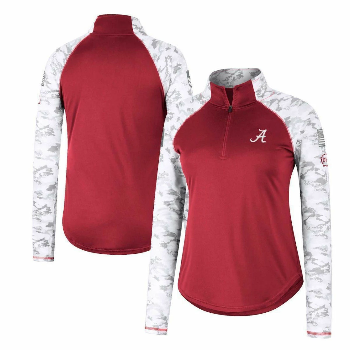 Women's Colosseum Crimson Alabama Crimson Tide OHT Military Appreciation Flash Arctic Camo Raglan Quarter-Zip Jacket 4 Women's Colosseum Crimson Alabama Crimson Tide OHT Military Appreciation Flash Arctic Camo Raglan Quarter-Zip Jacket - Image 2